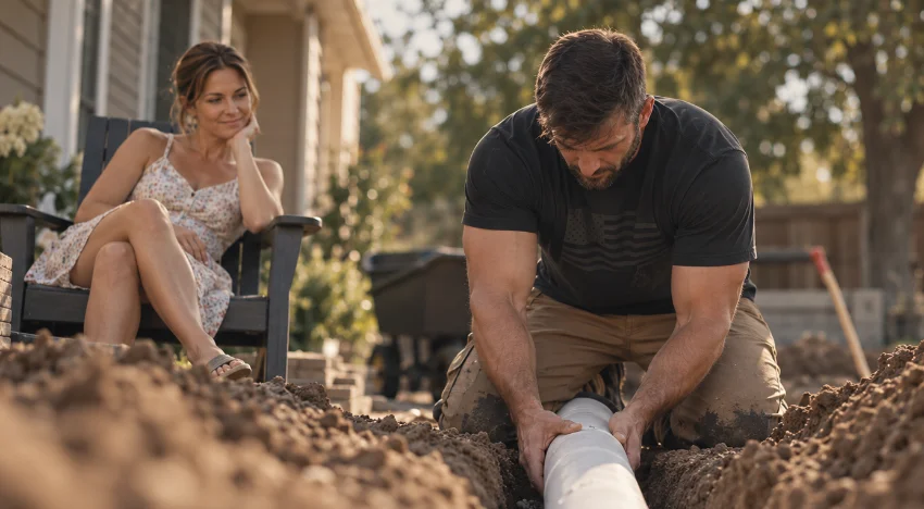 A man laying pipe in a trench in his yard while a woman watches from a porch chair