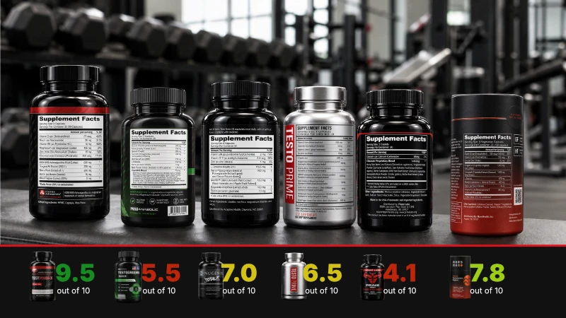 Six testosterone boosters photographed from the back so the Supplement Facts panel on each bottle is visible, with our score out of 10 beneath each one