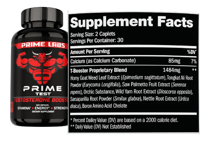 Prime Test Supplement Facts panel showing a 1,484 mg T-Booster Proprietary Blend with eight ingredients and no individual amounts