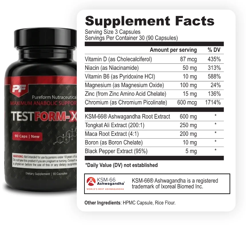 TestForm-X Black Supplement Facts panel showing every ingredient with its individual amount, including KSM-66 ashwagandha at 600 mg and Tongkat Ali 200:1 extract at 250 mg
