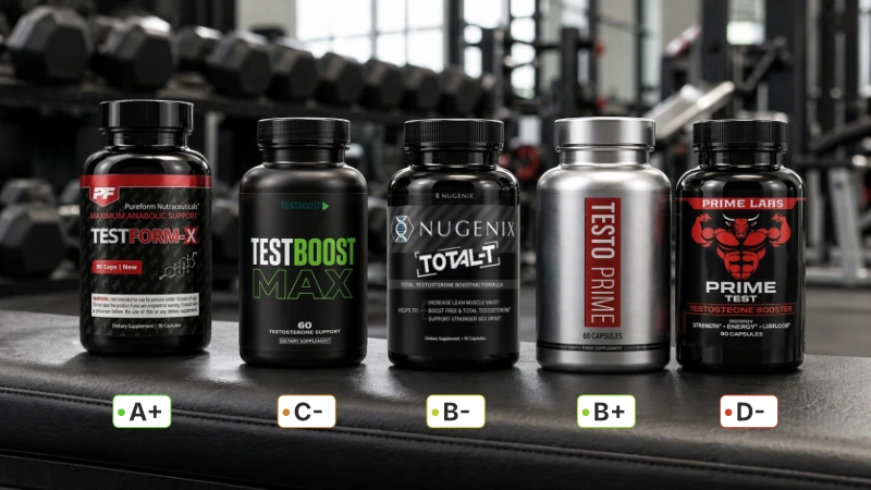 Men's supplement comparison visual with testosterone booster bottles